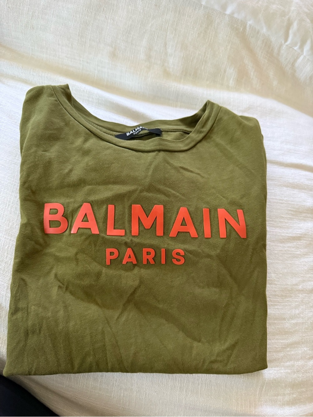 Balmain Olive Green Tee with orange Raised Logo
